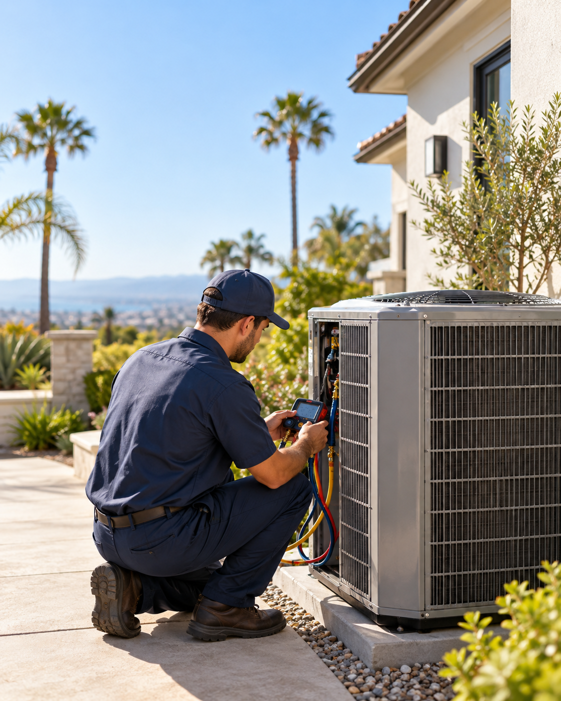 HVAC technician servicing an outdoor air conditioning unit in Southern California